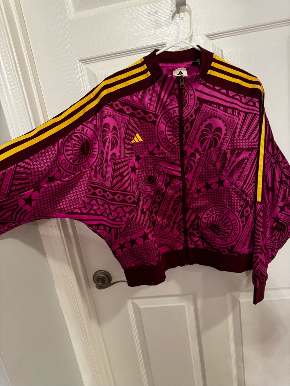 adidas x Farm Rio Magenta & Maroon Graphic Zip Track Jacket with Yellow Stripes - Picture 2 of 6